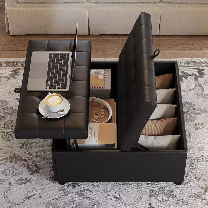 TYBOATLE Pouf quadrato da 35,5 pollici con contenitore, tavolino da caffè grande, pouf grande da 500 libbre con contenitore per soggiorno, nero