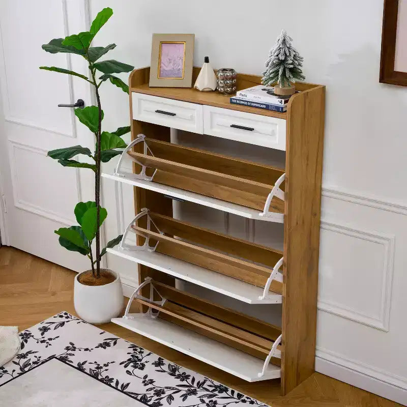 Okak - Scarpiera moderna in legno con 2 cassetti e 3 ante a ribalta, Scarpiera da ingresso con ampio spazio di archiviazione