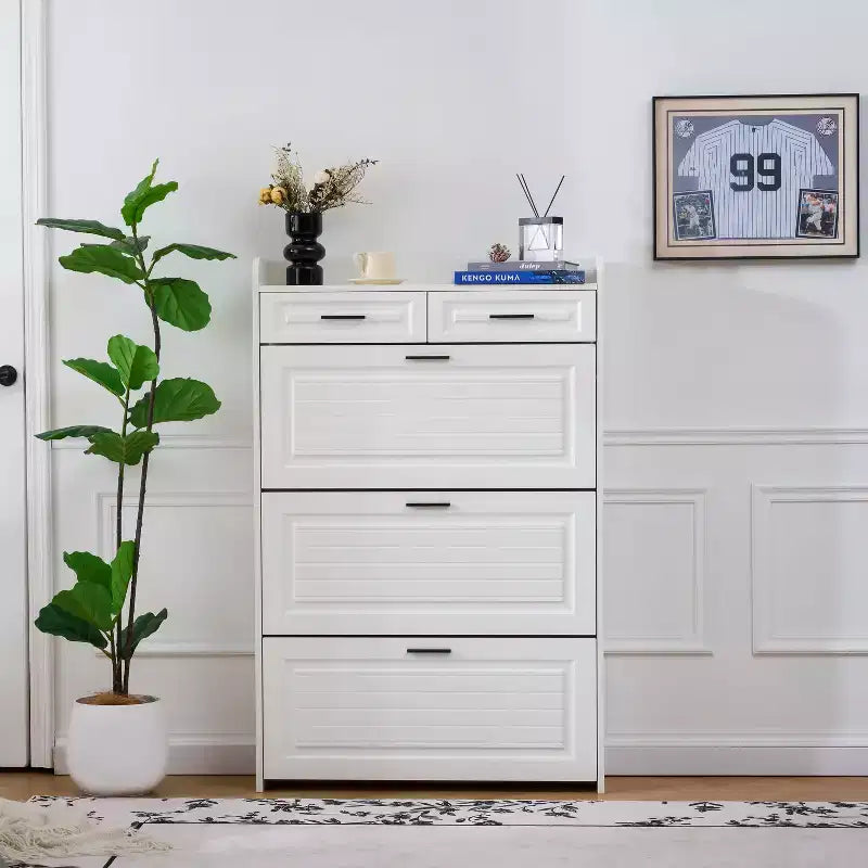 Okak Modern Wood Shoe Cabinet Organizer with 2 Drawers & 3 Folding Doors,Entryway Shoe Rack with Large Storage
