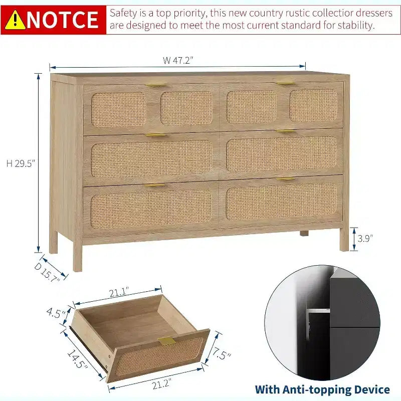 Comò a 6 cassetti per camera da letto, cassettiera in rattan con maniglie in metallo, cassettiera in legno stile rustico per camera da letto, soggiorno, ufficio