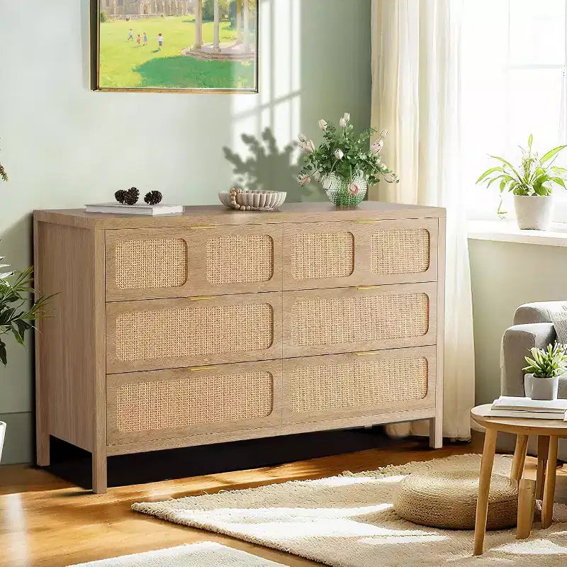 Comò a 6 cassetti per camera da letto, cassettiera in rattan con maniglie in metallo, cassettiera in legno stile rustico per camera da letto, soggiorno, ufficio