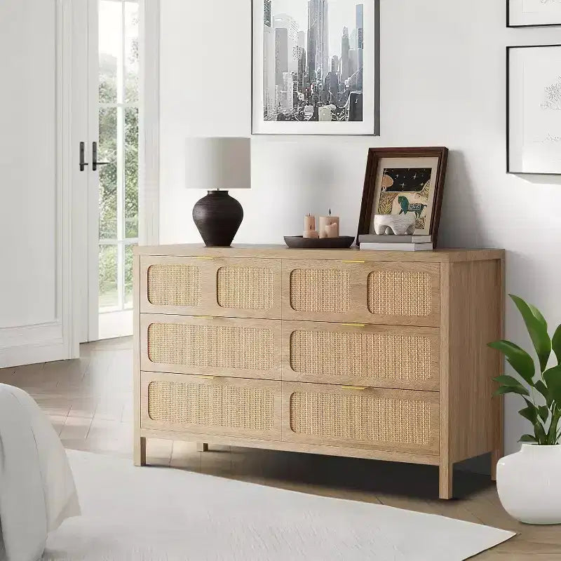 Comò a 6 cassetti per camera da letto, cassettiera in rattan con maniglie in metallo, cassettiera in legno stile rustico per camera da letto, soggiorno, ufficio
