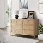 Comò a 6 cassetti per camera da letto, cassettiera in rattan con maniglie in metallo, cassettiera in legno stile rustico per camera da letto, soggiorno, ufficio