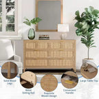 Comò a 6 cassetti per camera da letto, cassettiera in rattan con maniglie in metallo, cassettiera in legno stile rustico per camera da letto, soggiorno, ufficio