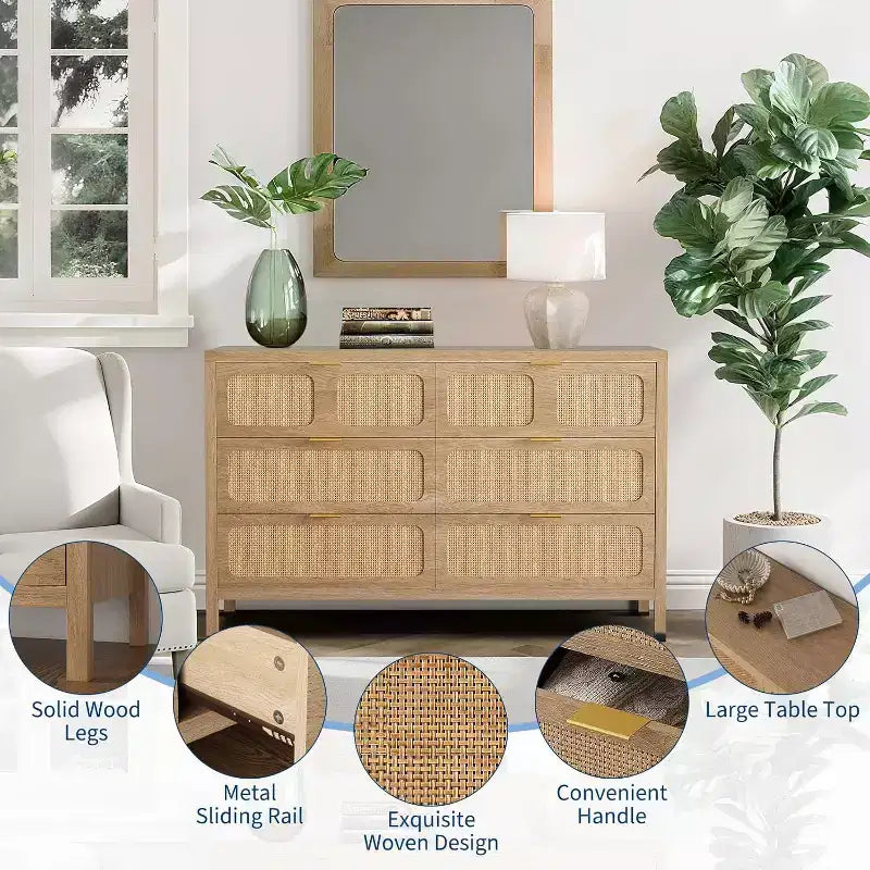 Comò a 6 cassetti per camera da letto, cassettiera in rattan con maniglie in metallo, cassettiera in legno stile rustico per camera da letto, soggiorno, ufficio