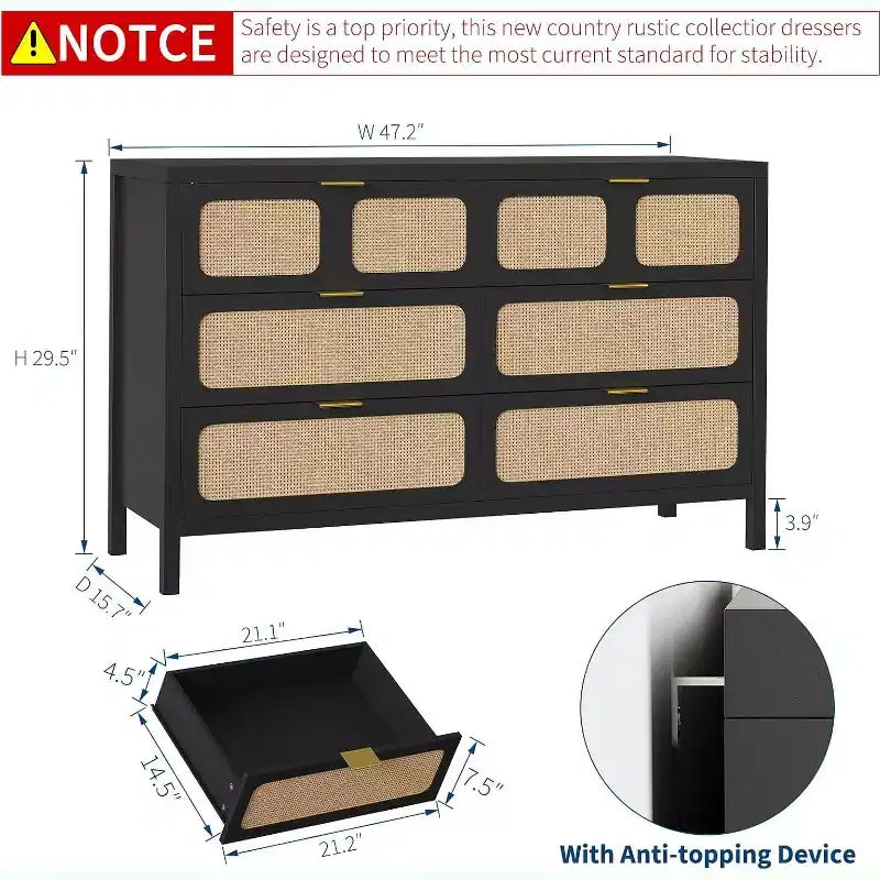Comò a 6 cassetti per camera da letto, cassettiera in rattan con maniglie in metallo, cassettiera in legno stile rustico per camera da letto, soggiorno, ufficio