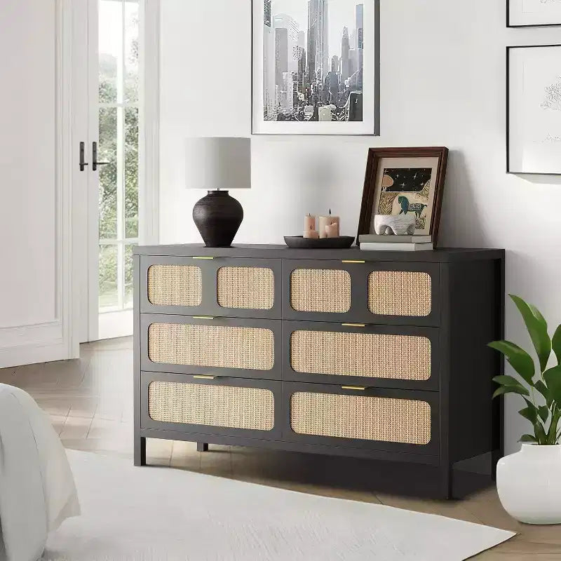 Comò a 6 cassetti per camera da letto, cassettiera in rattan con maniglie in metallo, cassettiera in legno stile rustico per camera da letto, soggiorno, ufficio