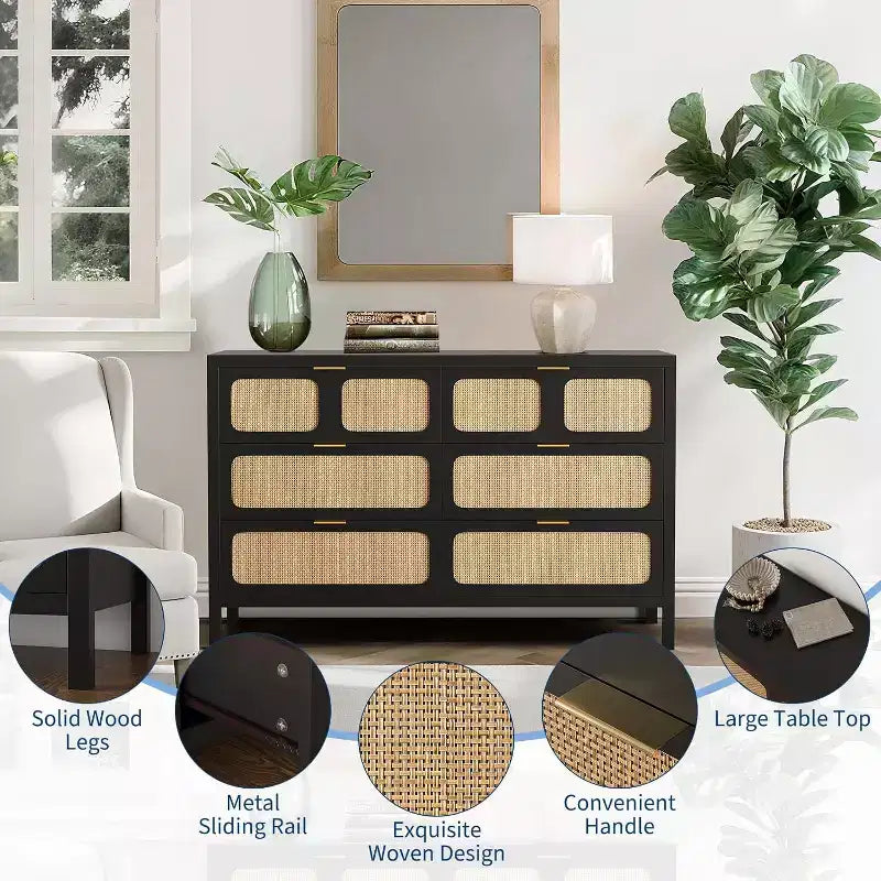Comò a 6 cassetti per camera da letto, cassettiera in rattan con maniglie in metallo, cassettiera in legno stile rustico per camera da letto, soggiorno, ufficio