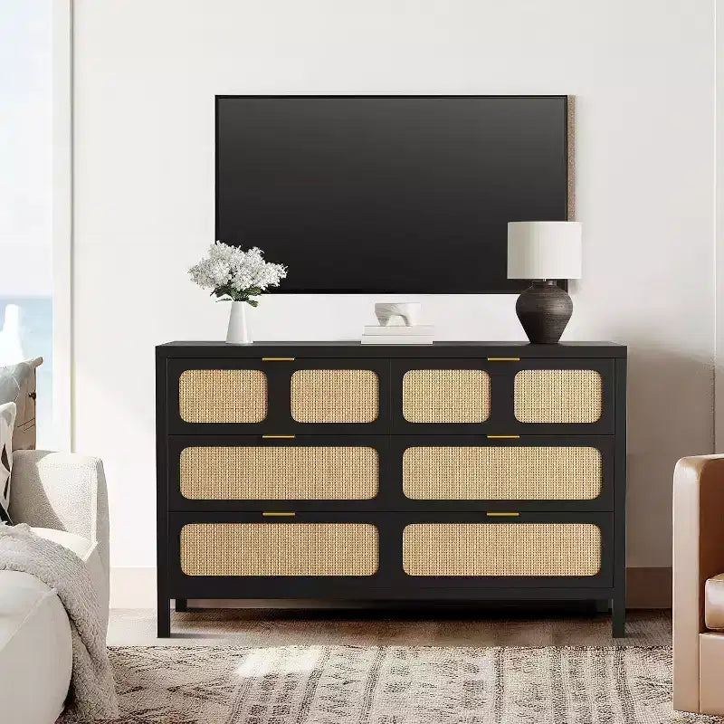 Comò a 6 cassetti per camera da letto, cassettiera in rattan con maniglie in metallo, cassettiera in legno stile rustico per camera da letto, soggiorno, ufficio