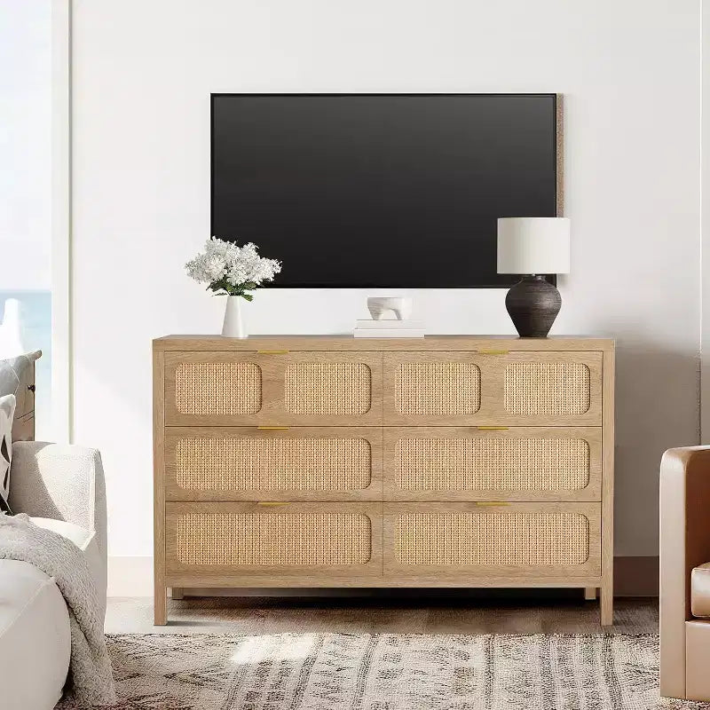 Comò a 6 cassetti per camera da letto, cassettiera in rattan con maniglie in metallo, cassettiera in legno stile rustico per camera da letto, soggiorno, ufficio