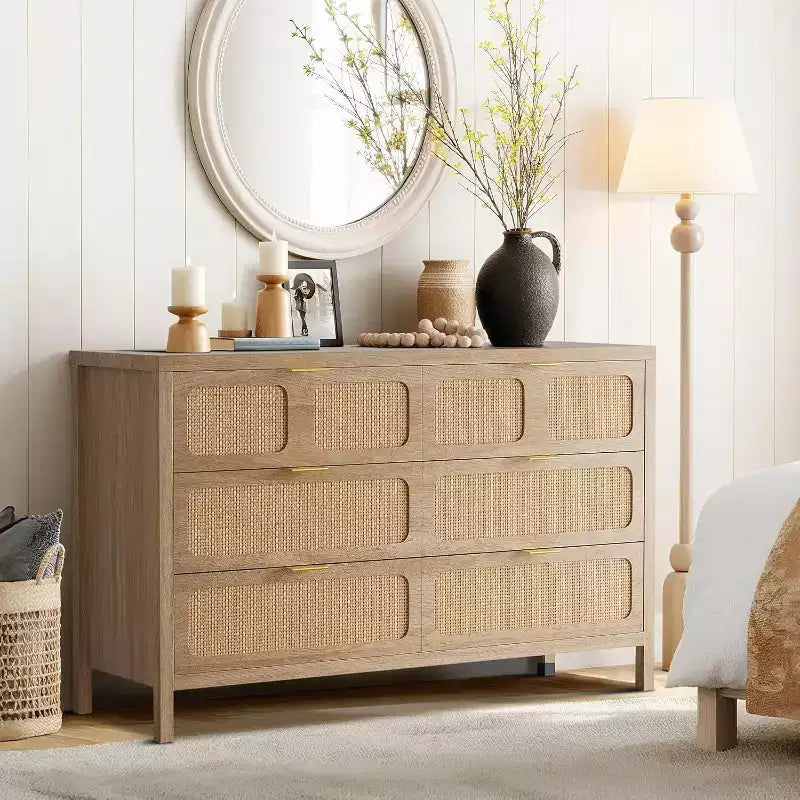 Comò a 6 cassetti per camera da letto, cassettiera in rattan con maniglie in metallo, cassettiera in legno stile rustico per camera da letto, soggiorno, ufficio