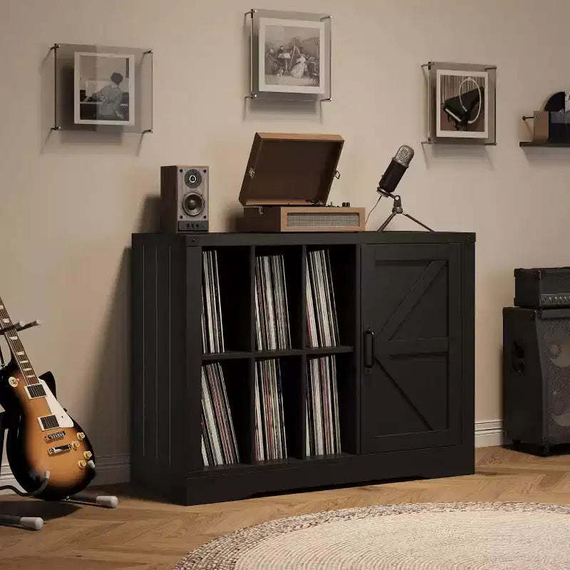 Farmhouse Record Player Stand, Black Barn Door, Vinyl Storage Cabinet, Holds 750 Albums