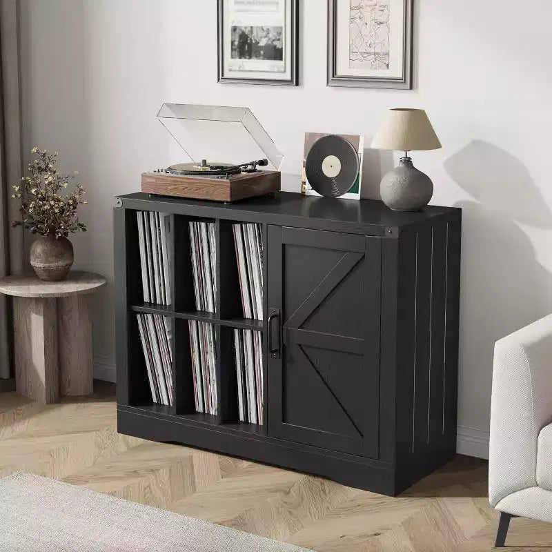 Farmhouse Record Player Stand, Black Barn Door, Vinyl Storage Cabinet, Holds 750 Albums