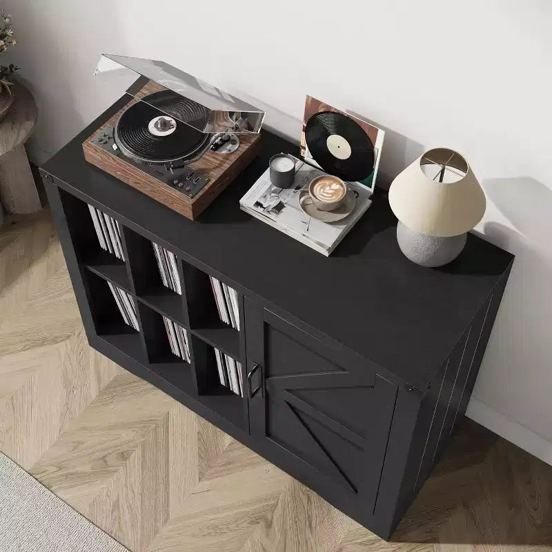 Farmhouse Record Player Stand, Black Barn Door, Vinyl Storage Cabinet, Holds 750 Albums
