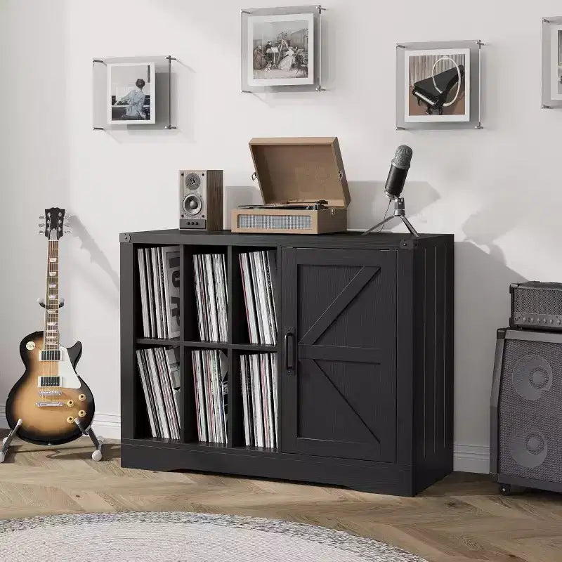 Farmhouse Record Player Stand, Black Barn Door, Vinyl Storage Cabinet, Holds 750 Albums