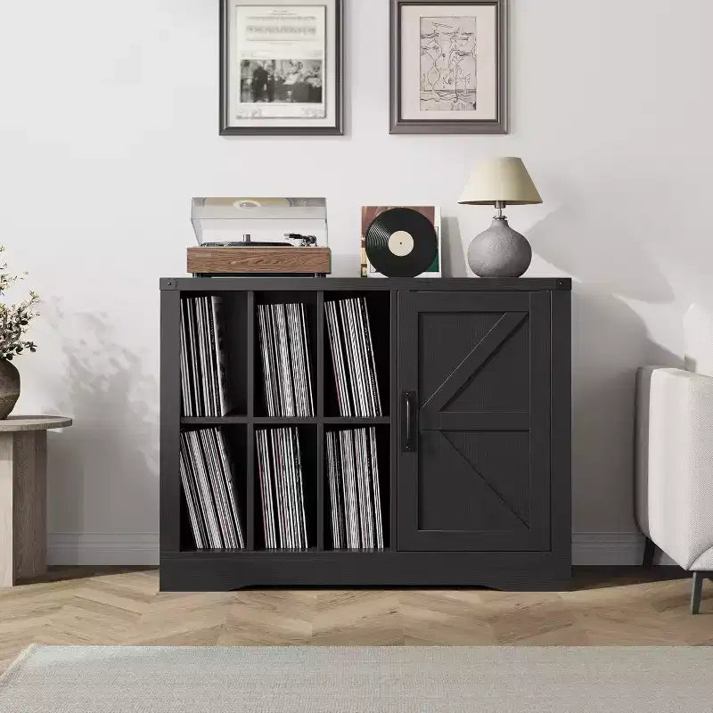 Farmhouse Record Player Stand, Black Barn Door, Vinyl Storage Cabinet, Holds 750 Albums