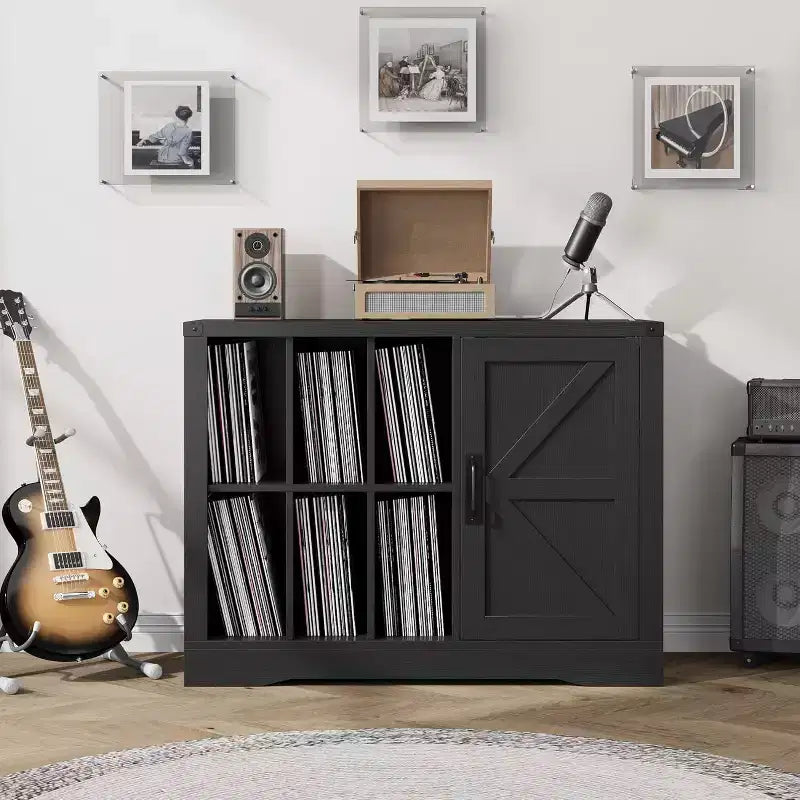 Farmhouse Record Player Stand, Black Barn Door, Vinyl Storage Cabinet, Holds 750 Albums
