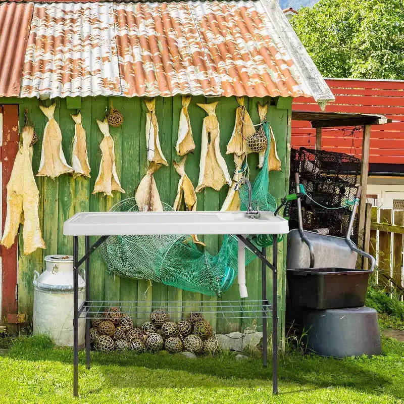 VINGLI Upgarded Folding Fish Cleaning Table with Sink, Portable Camping Sink Table with Grid Rack & Sprayer, Fish Fillet Cutting Table