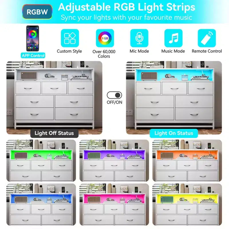 Comò a 7 cassetti, Comò in legno con luci a LED e stazione di ricarica, Cassettiera con grande capacità di archiviazione per camera da letto, soggiorno, corridoio