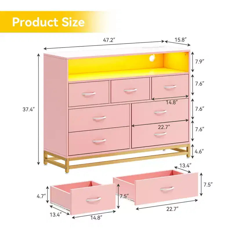 Comò a 7 cassetti, Comò in legno con luci a LED e stazione di ricarica, Cassettiera con grande capacità di archiviazione per camera da letto, soggiorno, corridoio