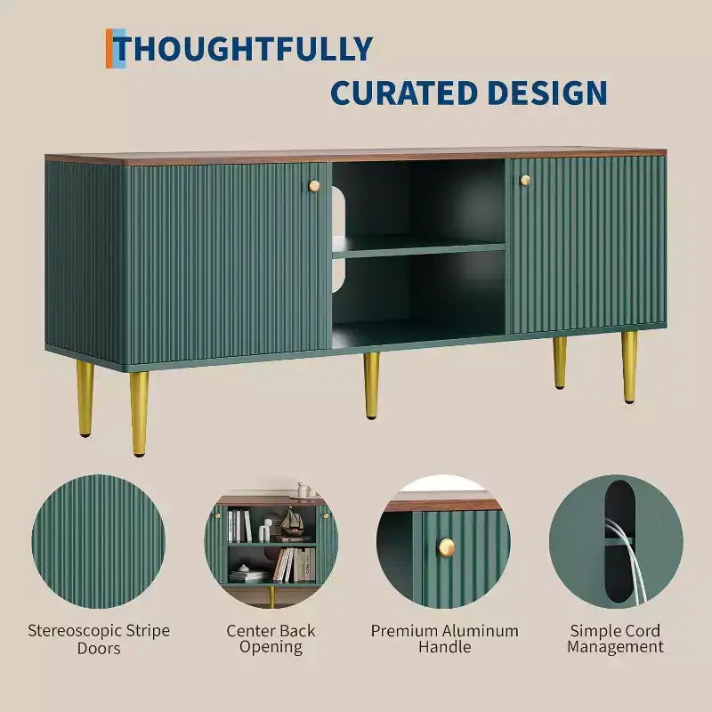 Mobile TV scanalato da 55'' con 2 ante e ripiani regolabili, Mobile TV in legno con contenitore, Tavolino console porta TV per soggiorno appartamento