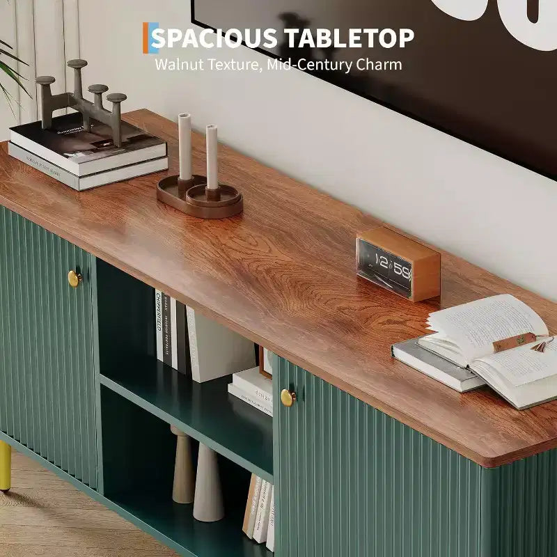 Mobile TV scanalato da 55'' con 2 ante e ripiani regolabili, Mobile TV in legno con contenitore, Tavolino console porta TV per soggiorno appartamento