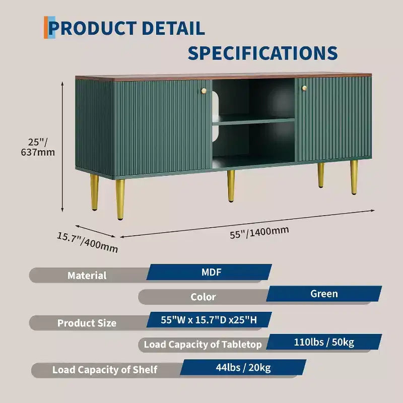 Mobile TV scanalato da 55'' con 2 ante e ripiani regolabili, Mobile TV in legno con contenitore, Tavolino console porta TV per soggiorno appartamento