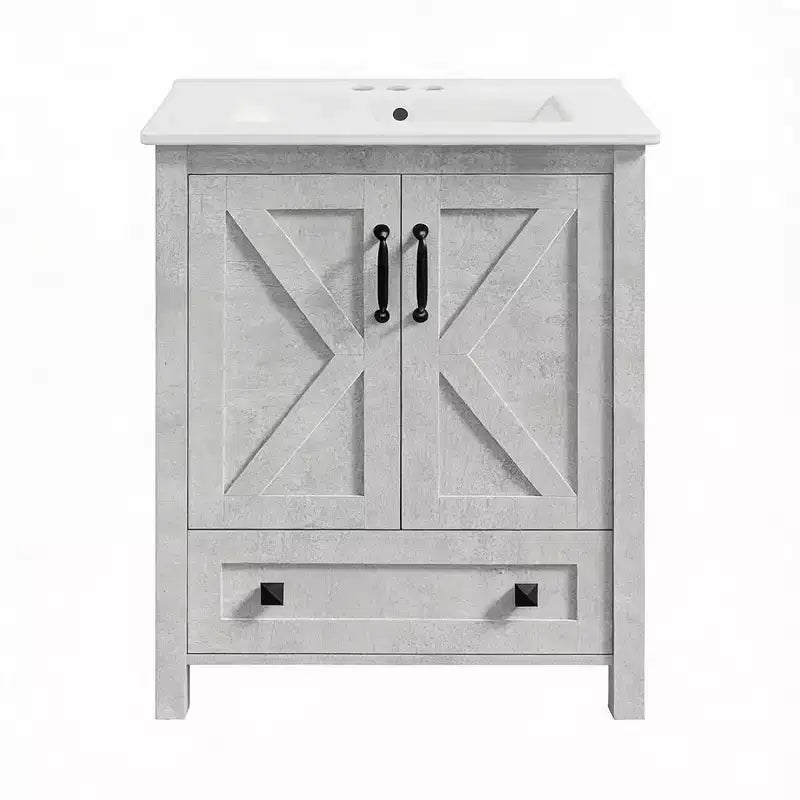 Mobile bagno moderno da 24/30 pollici con lavabo in ceramica 2 ante 1 cassetto, design contemporaneo autoportante per i vostri bagni