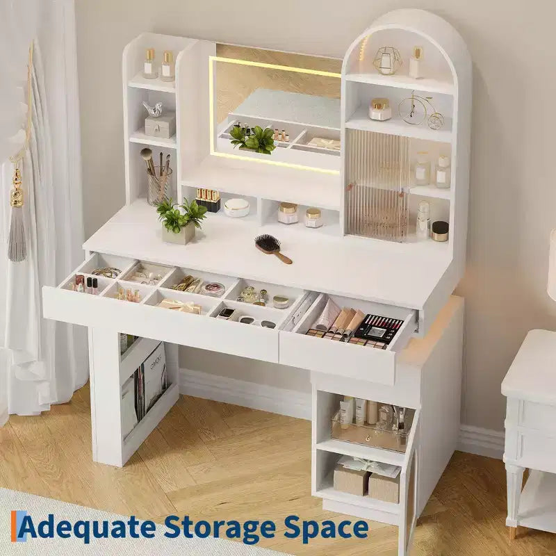 GustoWave Scrivania Toeletta con Specchio Illuminato, Tavolo Trucco Bianco con 3 Cassetti e 11 Ripiani, Sgabello per Camera da Letto