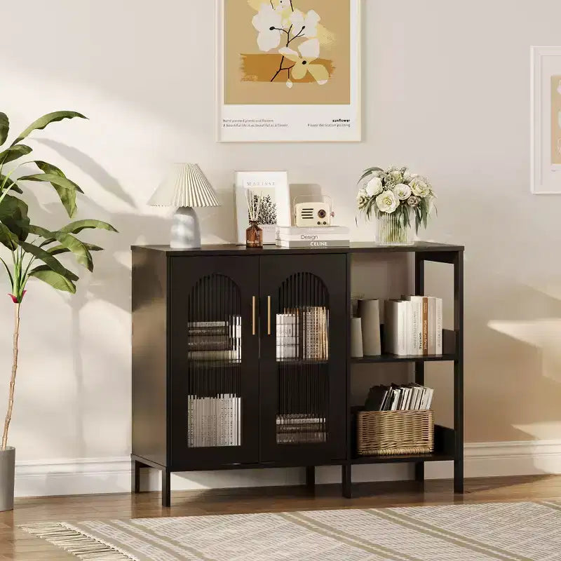 Madia Credenza Moderna in Legno con Ante in Vetro, Mobile Contenitore con Scaffali Regolabili per Cucina, Sala da Pranzo e Soggiorno
