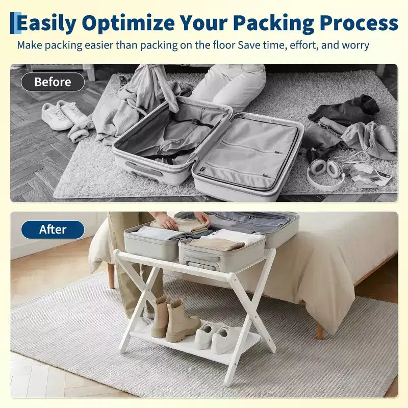 Stand Pieghevole in Bambù per Valigie con Ripiano, Cinghie Durevoli in Nylon, Capacità 50 kg per Camere da Letto, Camere per Ospiti, Soggiorni, Hotel