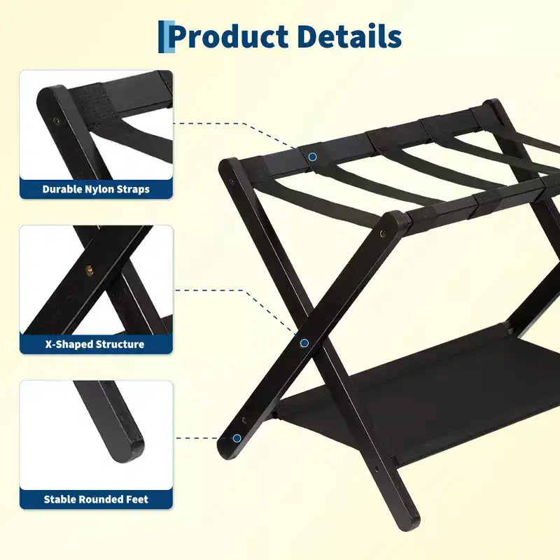 Stand Pieghevole in Bambù per Valigie con Ripiano, Cinghie Durevoli in Nylon, Capacità 50 kg per Camere da Letto, Camere per Ospiti, Soggiorni, Hotel