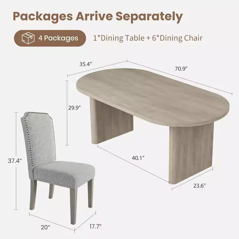 Tavolo da pranzo ovale da 180 cm con 6 sedie imbottite, tavolo da cucina con robusta base in legno, sedia da pranzo con schienale alto e gambe in legno per cucina