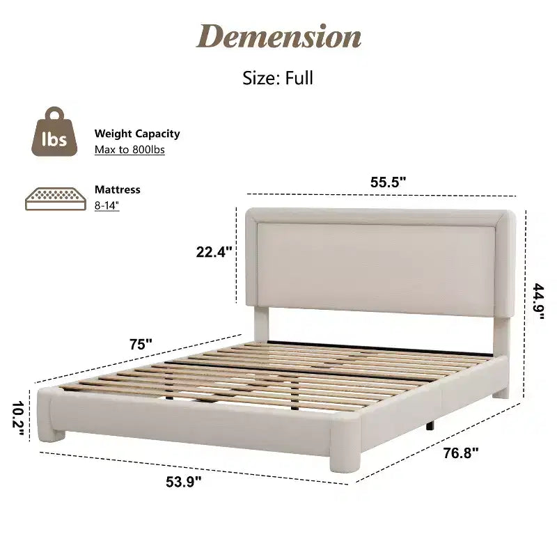 Telaio letto Dyonery Queen-size, telaio letto moderno color crema con testiera regolabile, angoli arrotondati, non è necessario un materasso a molle, facile montaggio.