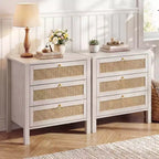 Set di 2 comodini in rattan, comodini in vimini boho a 3 cassetti con maniglie dorate, grandi comodini in legno per camera da letto e soggiorno, bianchi