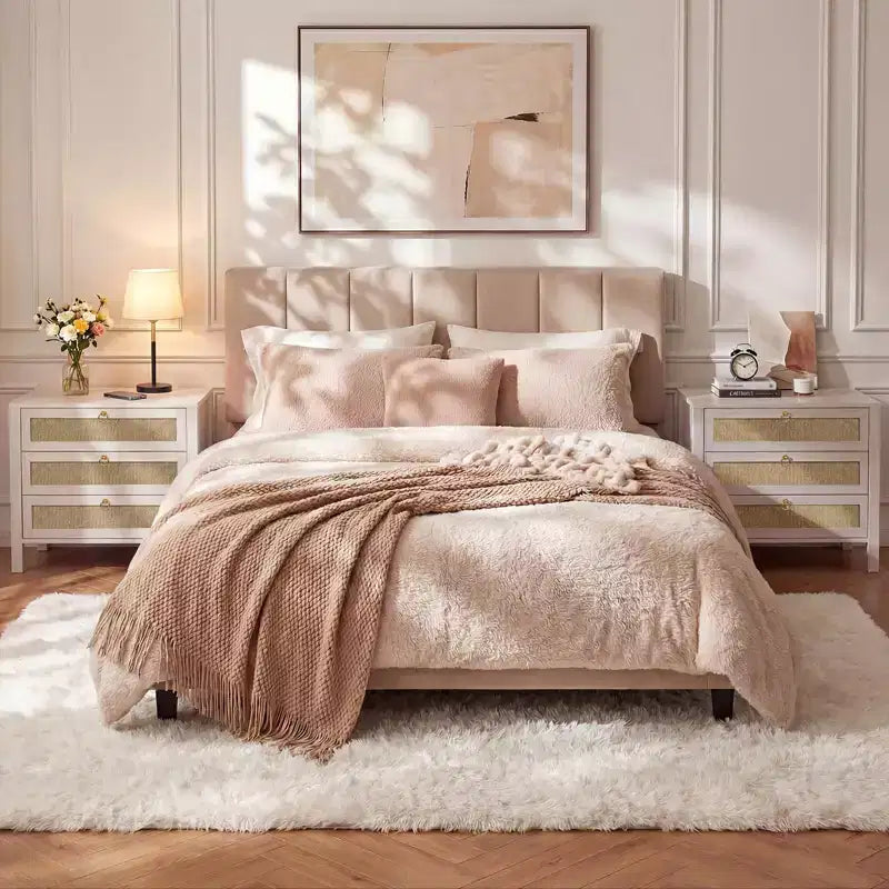 Set di 2 comodini in rattan, comodini in vimini boho a 3 cassetti con maniglie dorate, grandi comodini in legno per camera da letto e soggiorno, bianchi