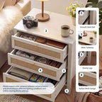Set di 2 comodini in rattan, comodini in vimini boho a 3 cassetti con maniglie dorate, grandi comodini in legno per camera da letto e soggiorno, bianchi