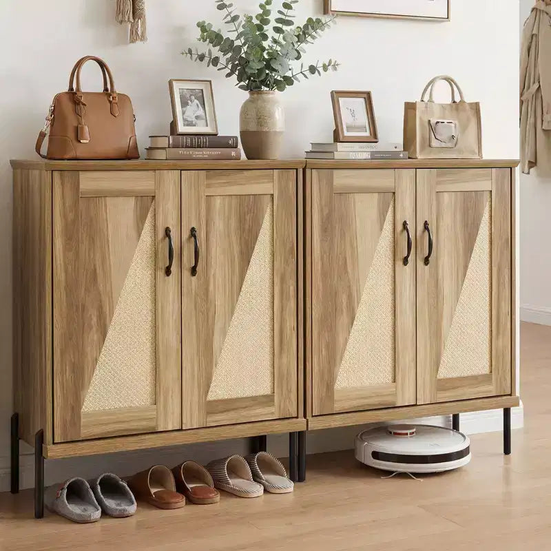 Costway Scarpiera a 5 livelli in stile rustico con ante in rattan intrecciato, ripiani rimovibili per armadio