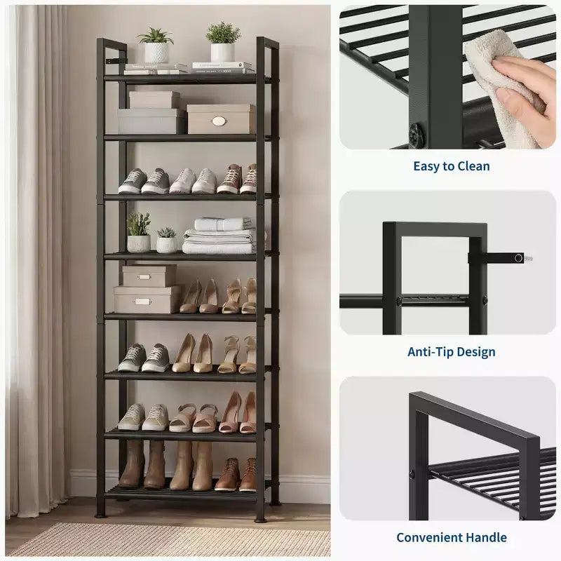 Scarpiera stretta a 8 livelli, Organizer alto in metallo per 18-24 paia di scarpe, Porta scarpe verticale sottile per armadio, ingresso, piccoli spazi, Nero