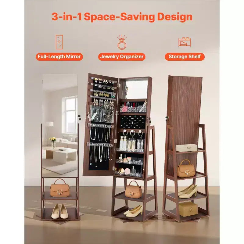 VEVOR Armadietto Portagioie Girevole a 360°, Alto 155 cm, Specchio a Figura Intera con Contenitore, Portagioie Organizzatore Rotante con 2 Chiavi, Marrone