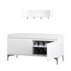 Set mobile da ingresso a parete FurnitureR con ganci e panca contenitore, scarpiera moderna bianca con cuscino, Bianco Sporco