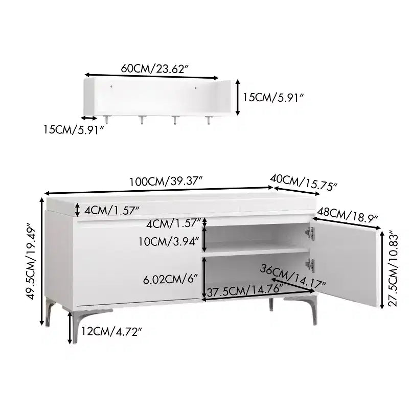 Set mobile da ingresso a parete FurnitureR con ganci e panca contenitore, scarpiera moderna bianca con cuscino, Bianco Sporco