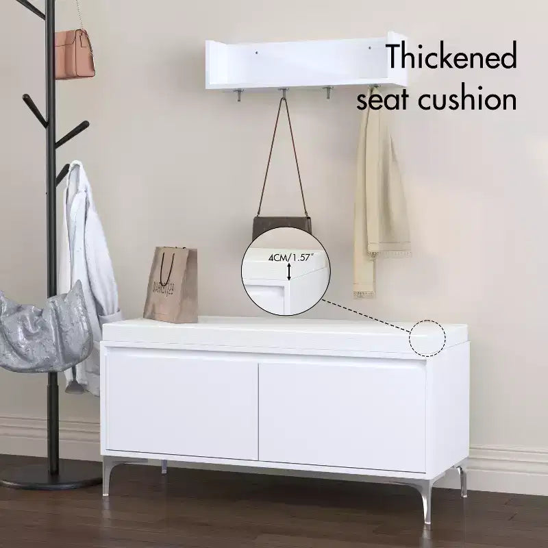Set mobile da ingresso a parete FurnitureR con ganci e panca contenitore, scarpiera moderna bianca con cuscino, Bianco Sporco