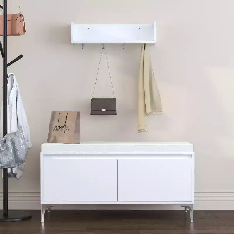 Set mobile da ingresso a parete FurnitureR con ganci e panca contenitore, scarpiera moderna bianca con cuscino, Bianco Sporco