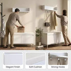 Set mobile da ingresso a parete FurnitureR con ganci e panca contenitore, scarpiera moderna bianca con cuscino, Bianco Sporco