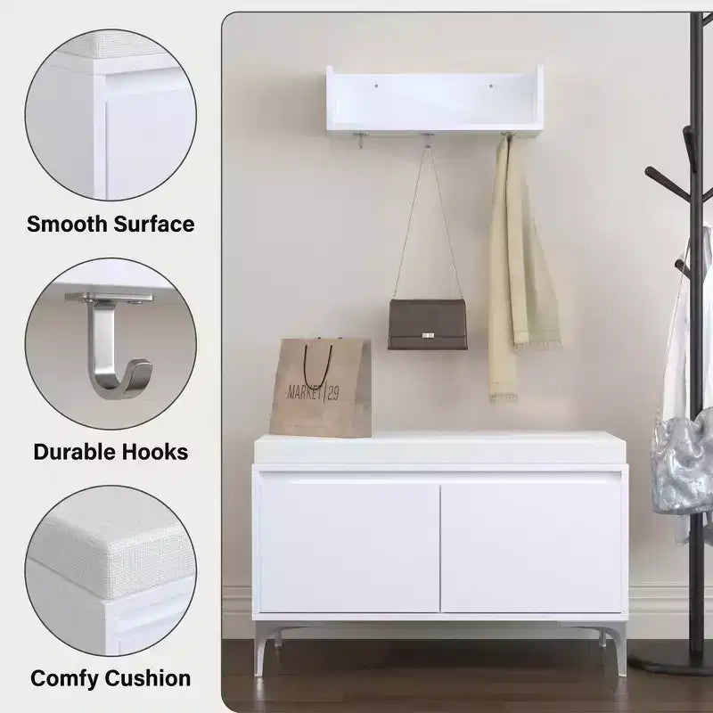 Set mobile da ingresso a parete FurnitureR con ganci e panca contenitore, scarpiera moderna bianca con cuscino, Bianco Sporco
