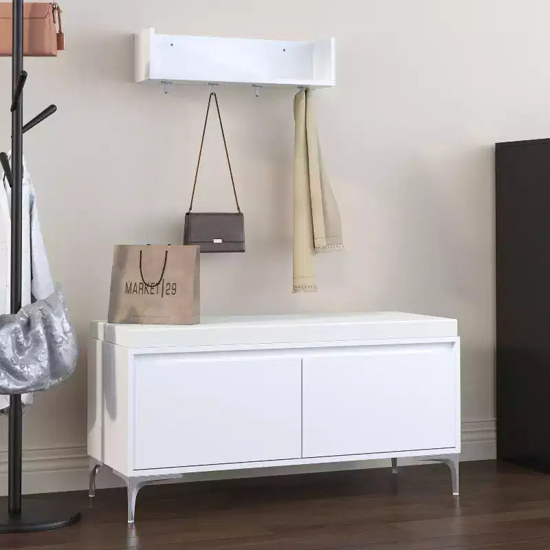 Set mobile da ingresso a parete FurnitureR con ganci e panca contenitore, scarpiera moderna bianca con cuscino, Bianco Sporco