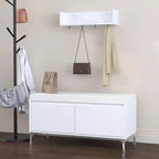 Set mobile da ingresso a parete FurnitureR con ganci e panca contenitore, scarpiera moderna bianca con cuscino, Bianco Sporco