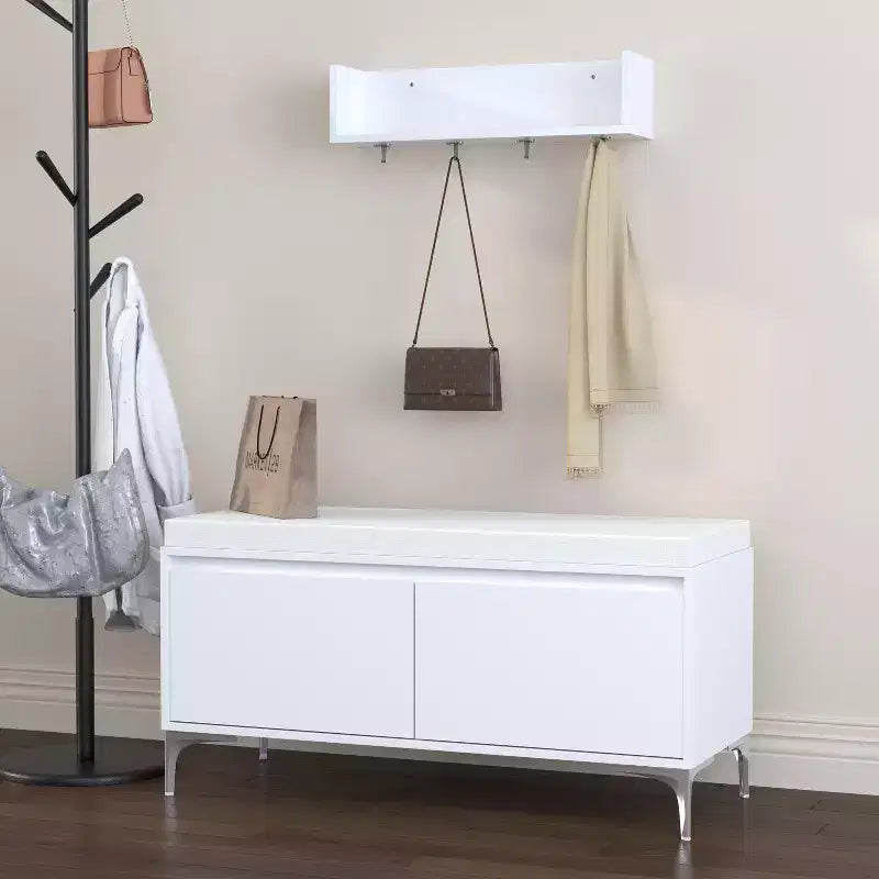 Set mobile da ingresso a parete FurnitureR con ganci e panca contenitore, scarpiera moderna bianca con cuscino, Bianco Sporco