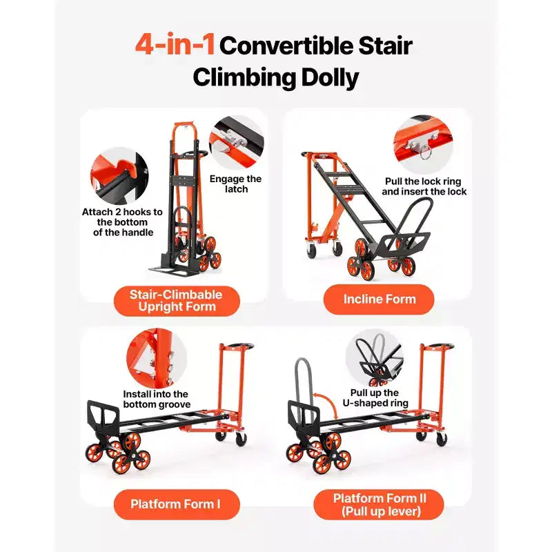 VEVOR Carrello Saliscale Convertibile Industriale 3 in 1, Capacità Massima 350 kg, Carrello Pieghevole con Maniglia e Ruote, Nero e Arancione